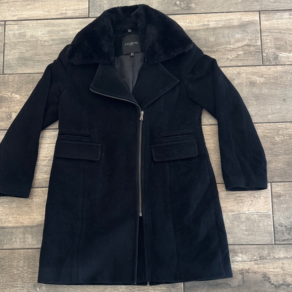 Talbots Elegant Black Trench Coat with Plush Collar